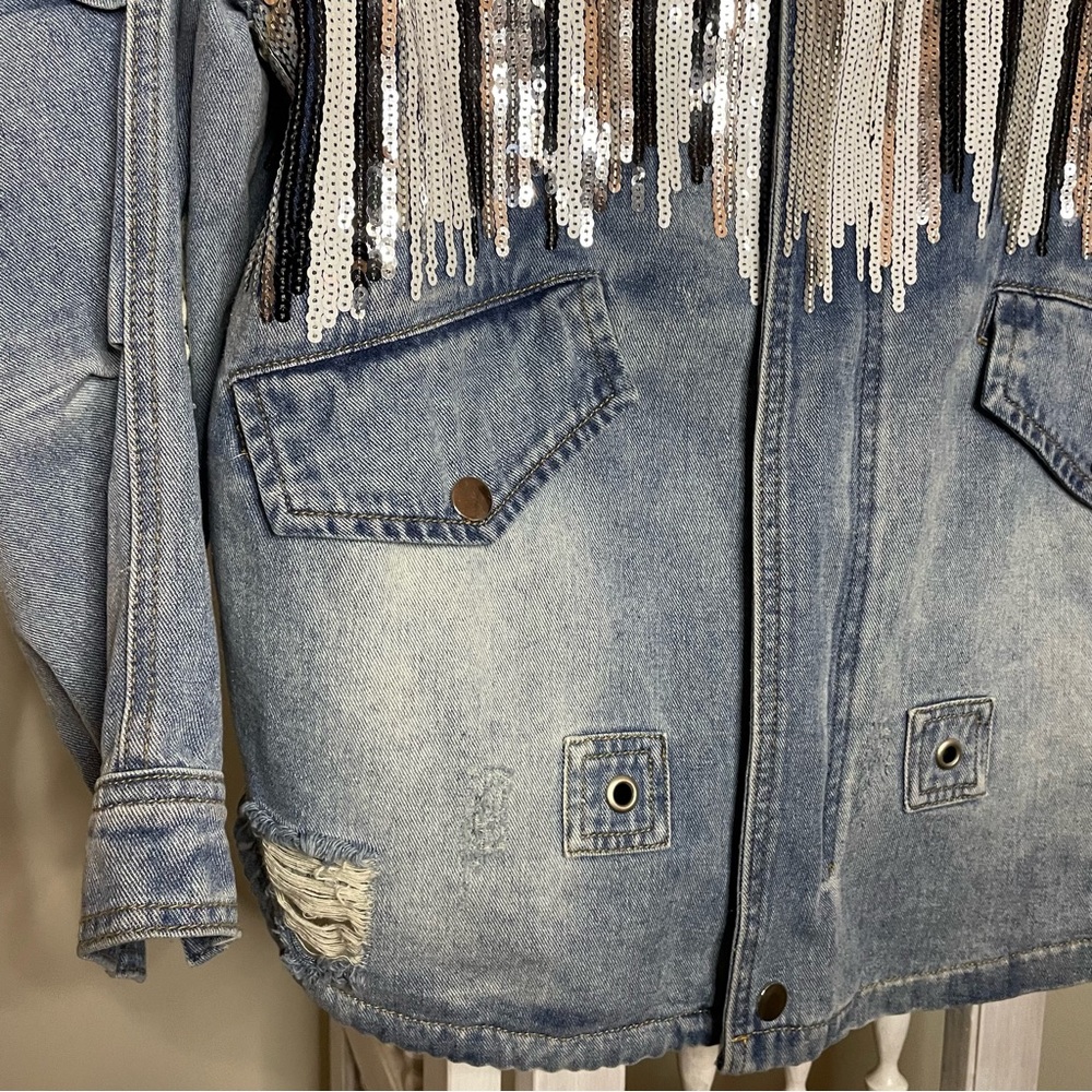 Scripted Distressed Denim Jacket With Sequin Embe… - image 2